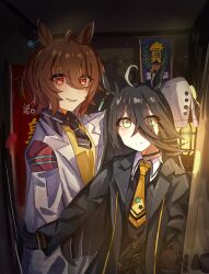 2girls agnes_tachyon_(umamusume) belt black_belt black_choker black_coat black_gloves black_necktie black_shirt brown_hair choker closed_mouth coat collared_shirt contrast_collar crossed_bangs doorway expressionless eyes_visible_through_hair gloves hair_between_eyes hand_up highres holding holding_lantern lab_coat lantern long_bangs long_hair long_hair_between_eyes long_sleeves looking_at_viewer manhattan_cafe_(umamusume) medium_hair multiple_girls necktie open_clothes open_coat opening_door parted_lips pov_doorway red_eyes ryuouuuuuuuu shirt short_necktie sleeves_past_fingers sleeves_past_wrists smile sweater umamusume very_long_hair watermark white_coat yellow_eyes yellow_necktie yellow_sweater