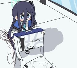 1boy 1girl aqua_halo aris_(blue_archive) black_hair blue_archive blue_eyes blue_necktie blush_stickers box bright_pupils doodle_sensei_(blue_archive) game_console hair_between_eyes halo hanasii highres holding holding_box jacket long_hair long_sleeves necktie playstation_5 rectangular_halo sensei_(blue_archive) shirt solo_focus standing tearing_up white_jacket white_pupils white_shirt