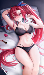 1girl absurdres azur_lane black_bra blush bow bow_bra bra breasts cleavage collarbone come_hither commission condom condom_wrapper highres lace lace-trimmed_bra lace_trim large_breasts linea_alba lipstick long_hair looking_at_viewer lying makeup navel on_back on_bed panties parted_lips pixiv_commission red_eyes red_hair smile stomach underwear underwear_only very_long_hair wichita_(azur_lane) wo_meiyou_mao