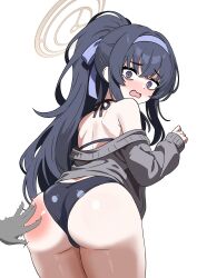 1girl absurdres ass back bare_shoulders bikini black_bikini black_eyes blue_archive blush brown_halo cardigan dot_nose embarrassed from_behind grey_cardigan gubee hairband halo highres long_hair long_sleeves looking_at_viewer looking_back official_alternate_costume open_mouth ponytail purple_hairband sidelocks simple_background slapping solo_focus swimsuit ui_(blue_archive) ui_(swimsuit)_(blue_archive) wavy_hair white_background