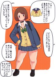 1girl absurdres black_eyes brown_hair forehead freckles hand_on_own_chest highres jitome jk_mob-chan_(minami_aomori) minami_aomori mob_face no_mouth original school_uniform short_hair standing talking thighs translation_request