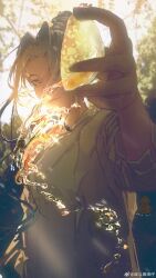 Rule 34 | 1girl, absurdres, aqiu4682, backlighting, bowl, brown jacket, bush, chinese clothes, chinese commentary, closed mouth, collared jacket, commentary request, dated, day, eyelashes, fingernails, grey eyes, grey hair, hair bun, happy, highres, holding, holding bowl, jacket, jewelry, lapels, long sleeves, necklace, open clothes, open jacket, original, outdoors, shirt, short hair with long locks, sidelocks, signature, single hair bun, sky, smile, solo, sparkle, sunlight, thick lips, three-quarter sleeves, tree, updo, upper body, water, watermark, weibo watermark, white shirt, white sky