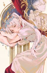 Rule 34 | artist name, blue flower, clivenzu, dress, earrings, eisen (sousou no frieren), elf, fern (sousou no frieren), flower, frieren, green eyes, head on pillow, heiter, highres, himmel (sousou no frieren), jewelry, long hair, looking at viewer, nightgown, parted bangs, parted lips, pillow, pointy ears, sidelocks, solo focus, sousou no frieren, stark (sousou no frieren), twintails, white dress, white hair, white nightgown