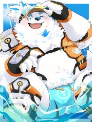 1boy bandaid bandaid_on_cheek bandaid_on_face bara belly blue_male_swimwear blush commentary_request fat fingerless_gloves furry furry_male gloves goggles goggles_on_headwear hand_on_headwear highres life_vest live_a_hero looking_at_viewer male_focus male_swimwear multicolored_hair official_alternate_costume one_eye_closed open_mouth pawpads plump ponytail smile streaked_hair visor_cap water watermark white_fur white_hair yohack yu_ma_104