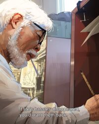 1boy bear black-framed_eyewear cigarette commentary drawing_(action) english_commentary english_text from_side glasses highres holding holding_pencil indoors long_sleeves male_focus miyazaki_hayao_(person) mouth_hold old old_man pencil real_life sam_yang shirt short_hair solo white_hair white_shirt