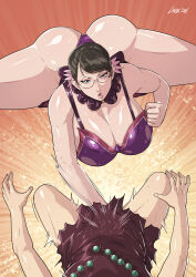 Rule 34 | 1boy, 1girl, absurdres, ass, ball busting, bare legs, bdsm, black hair, breasts, broken necklace, cattleya (queen&#039;s blade), cbt, cirenk, cleavage, cropped legs, eyeshadow, glass, hair pulled back, head out of frame, highres, huge ass, huge breasts, lips, makeup, mature female, mother and son, punching, queen&#039;s blade, rana (queen&#039;s blade), simple background, solo focus, thick thighs, thighs