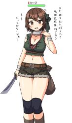 1girl blush breasts brown_eyes brown_hair cleavage crop_top green_headband headband health_bar highres holding holding_sword holding_weapon large_breasts maruput medium_hair midriff navel original short_shorts shorts solo sweatdrop sword thighs translation_request weapon