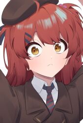 Rule 34 | 1girl, act (xadachit), arms up, beret, blush, cheeta (girls&#039; frontline 2), collared shirt, frown, girls&#039; frontline, girls&#039; frontline 2: exilium, hair between eyes, hair bobbles, hair ornament, hairclip, hat, long hair, mp7 (girls&#039; frontline), necktie, orange hair, red hair, shirt, solo, staring, striped necktie, surprised, upper body, white shirt, wide-eyed, yellow eyes