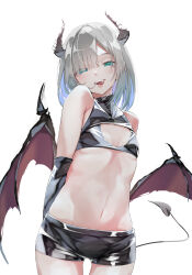 1girl absurdres alternate_costume aqua_eyes arms_behind_back bare_shoulders breasts cowboy_shot crop_top demon_girl demon_horns demon_tail demon_wings elbow_gloves gloves grey_hair heart heart_tail highres horns kaga_sumire looking_at_viewer low_wings lupinus_virtual_games medium_hair micro_shorts midriff navel oa_(or_12o) parted_bangs shorts simple_background small_breasts solo tail tongue tongue_out virtual_youtuber vspo! white_background wings