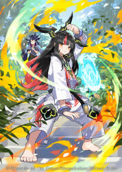 2girls :o arm_up aura bangle bare_shoulders barefoot black_hair black_shirt bracelet closed_eyes closed_mouth copyright_notice dougi dragon_musume_ni_naritakunai! duel_masters fire full_body godai_doora hair_ornament headphones headphones_around_neck jewelry karate_gi leaf long_hair magic_circle martial_arts martial_arts_belt multicolored_hair multiple_girls official_art on_stairs orange_eyes outdoors palms_together purple_hair red_hair saitou_naoki shirt teiozaka_mumu white_dougi