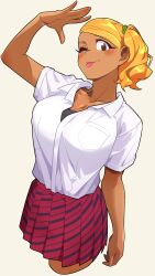 1girl ;p absurdres arm_at_side arm_up blonde_hair blush breast_pocket breasts cleavage closed_mouth collarbone collared_shirt commentary_request cropped_legs dark-skinned_female dark_skin gyaru high-waist_skirt highres itan_private_high_school_uniform komi-san_wa_komyushou_desu large_breasts lecca_aisu looking_at_viewer manbagi_rumiko one_eye_closed pleated_skirt pocket red_skirt school_uniform shirt short_hair skirt smile solo tongue tongue_out white_shirt wing_collar
