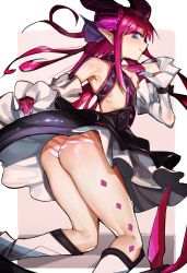 Rule 34 | 1girl, ass, bad id, bad pixiv id, blue eyes, detached sleeves, dragon girl, dragon horns, dragon tail, dress, elizabeth bathory (fate), elizabeth bathory (fate/extra), elizabeth bathory (first ascension) (fate), fate/extra, fate/grand order, fate (series), female focus, flat chest, highres, horns, kneeling, long hair, looking back, panties, pink hair, pointy ears, roropull, solo, striped clothes, striped panties, tail, thighs, underwear