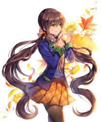 1girl blazer blue_jacket bow brown_hair brown_pantyhose closed_mouth collared_shirt cowboy_shot creature creature_on_shoulder ells floating_hair from_side hair_bow jacket long_hair long_sleeves low_twintails miniskirt necktie on_shoulder open_clothes open_jacket orange_bow orange_necktie orange_skirt original pantyhose plaid_clothes plaid_necktie plaid_skirt pleated_skirt school_uniform shirt simple_background skirt smile solo standing twintails very_long_hair white_background white_shirt wing_collar yellow_eyes