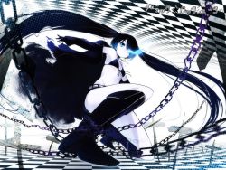 Rule 34 | 10s, 1girl, bad id, bad pixiv id, black hair, black rock shooter, black rock shooter (character), boots, bra, buriki, cape, chain, duplicate, female focus, glowing, glowing eyes, highres, lingerie, long hair, pale skin, solo, squatting, swimsuit, twintails, underwear