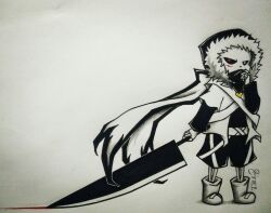 1other bandana black_bandana black_shirt black_shorts dragging eye_injury facing_to_the_side heart-shaped_lock heterochromia holding holding_sword holding_weapon hood hood_up hooded_jacket injury jacket looking_at_viewer monochrome onlytrashartshere red_eyes sans_(undertale) scarf shirt shorts skeleton sword traditional_media undertale vest weapon white_eyes white_footwear white_scarf white_vest xtale