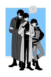 1girl 2boys ? belt benkdjjituibot black_boots black_coat black_eyes black_hair black_shirt blue_background boots border coat collared_shirt crossed_arms curtained_hair full_body greyscale_with_colored_background half-closed_eyes han_sooyoung hand_on_own_hip highres holding holding_phone kim_dokja leaning_on_person looking_at_object multiple_boys omniscient_reader&#039;s_viewpoint outside_border phone popped_collar scratching_chin sheath shirt short_hair speech_bubble spoken_expression spoken_question_mark white_border white_coat yoo_joonghyuk