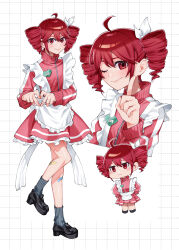 Rule 34 | 1girl, absurdres, ahoge, alternate costume, apron, bandaid, bandaid on leg, black shoes, chibi, chibi inset, closed mouth, drill hair, four-finger heart hands, frilled apron, frills, grey socks, grid background, hair ribbon, heart, heart hands, highres, index finger raised, jacket, jersey maid, kasane teto, looking at viewer, maid, maid apron, miniskirt, multiple views, name tag, one eye closed, red eyes, red hair, red jacket, red skirt, ribbon, shoes, skirt, socks, standing, tere douga, track jacket, twin drills, unconventional maid, utau, white apron, white background