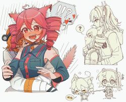 !? 2girls ? a.i._voice adachi_rei animal_ear_fluff arm_tattoo arrow_through_heart bell black_collar black_shirt blush cat_tail closed_eyes collar collared_shirt detached_sleeves drill_hair expressive_hair flustered hair_between_eyes hairband headlamp holding holding_leash hood hood_down hooded_jacket hug hug_from_behind jacket kasane_teto kasane_teto_(utau) kemonomimi_mode kimmy6710223 leash long_sleeves medium_hair multiple_girls neck_bell number_tattoo one_side_up open_mouth orange_hair pleated_skirt puff_of_air radio_antenna red_hair running shirt skirt speech_bubble spoken_interrobang spoken_question_mark tail tattoo twin_drills utau yuri