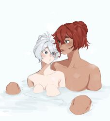 2girls blush breasts dark-skinned_female dark_skin grey_eyes gundam gundam_suisei_no_majo hair_up highres large_breasts looking_at_another miorine_rembran multiple_girls nude open_mouth parted_lips partially_submerged pursed_lips qnhuw red_hair same-sex_bathing shared_bathing suletta_mercury thick_eyebrows water white_hair yuri