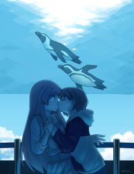 2girls absurdres aquarium bang_dream! bang_dream!_it&#039;s_mygo!!!!! bird blue_hoodie chihaya_anon closed_eyes commentary dress english_commentary grey_dress grey_hair highres holding_hands hood hoodie interlocked_fingers kiss long_hair long_sleeves multiple_girls mzkym penguin pinafore_dress pink_hair shirt short_hair sleeveless sleeveless_dress sunshine_aquarium takamatsu_tomori two-tone_hoodie white_shirt yellow_hoodie yuri