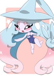 1girl absurdly_long_hair bare_shoulders barefoot big_hair black_sclera blue_hair blue_hat blue_one-piece_swimsuit blush border clothed_pokemon collarbone colored_sclera colored_skin female_focus flat_chest full_body gen_8_pokemon gradient_hair grey_skin half-closed_eyes happy hat hatterene kazamidoririnn leg_up long_hair looking_at_viewer multicolored_hair nintendo no_feet one-piece_swimsuit open_mouth outside_border parted_bangs pink_background pink_hair pokemon pokemon_(creature) prehensile_hair school_swimsuit sidelocks simple_background smile solo star_(symbol) swimsuit two-tone_hair v very_long_hair white_border white_eyes witch_hat