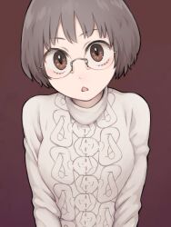1girl bob_cut breasts brown_background brown_eyes brown_hair commentary_request glasses head_tilt looking_at_viewer medium_breasts open_mouth original print_shirt raised_eyebrows rimless_eyewear round_eyewear shirt short_hair simple_background solo straight-on triangle_mouth turtleneck turtleneck_shirt upper_body white_shirt wide-eyed yajirushi_(chanoma)