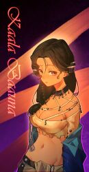 Rule 34 | 1girl, absurdres, black choker, black hair, blue coat, breasts, character name, choker, cleavage, closed mouth, coat, crop top, facial mark, forehead mark, hair ornament, hair over shoulder, highres, kaalaa baunaa, large breasts, looking at viewer, medium hair, navel, off shoulder, purple background, purple eyes, reverse:1999, sang lu, shirt, solo, stomach, upper body, yellow shirt