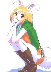 Rule 34 | 1girl, animal ears, blonde hair, boots, bow, bowtie, brown boots, buruu4000, capelet, carrot (one piece), commentary, cross-laced clothes, cross-laced dress, dress, green capelet, high heels, highres, one piece, orange dress, rabbit ears, rabbit girl, rabbit tail, short hair, solo, squatting, tail