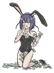 1boy animal_ear_hairband collarbone crossdressing fake_animal_ears full_body hairband hand_up holding holding_money kneeling leotard long_hair male_focus male_playboy_bunny money open_mouth pink_eyes playboy_bunny purple_hair rabbit_ear_hairband rabbit_ears rabbit_tail simple_background solo solo_focus teeth the_hundred_line_-last_defense_academy- tsukumo_ima tucked_money upper_teeth_only white_background