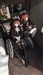 2girls absurdres ai_arctic_warfare arknights arm_strap bed bed_sheet black_boots black_dress black_gloves black_jacket bolt_action boots choker closed_mouth commentary detached_wings dress exusiai_(arknights) exusiai_the_new_covenant_(arknights) fingerless_gloves gloves gun halo highres hood hood_down hooded_jacket indoors jacket kriss_vector lace-up_boots lemuen_(arknights) long_hair long_sleeves looking_at_viewer medium_hair multiple_girls nueegochi orange_eyes picture_frame pillow pink_eyes pink_hair plant potted_plant red_hair rifle siblings side_ponytail sisters sitting smile sniper_rifle strap submachine_gun thigh_boots thigh_strap thighhighs v weapon wheelchair white_choker white_thighhighs wings wooden_floor