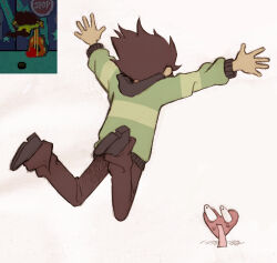 2others alternate_skin_color deltarune derivative_work heart highres hood hoodie jumping kris_(deltarune) long_sleeves multiple_others screenshot_redraw shoes soul_(deltarune) spoilers surprised szivarvanyturmix02