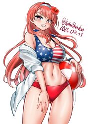 1girl absurdres american_flag american_flag_bikini american_flag_print bikini dated flag_print flag_print_bikini flower hair_flower hair_ornament hairband highres kantai_collection katou_shinobu long_hair looking_at_viewer navel nevada_(kancolle) nevada_kai_(kancolle) nevada_kai_mod.2_(swimsuit)_(kancolle) print_bikini red_eyes red_flower red_hair smile solo swimsuit very_long_hair white_background