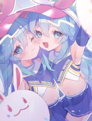 2girls armpits bemani blue_eyes blue_hair breasts cheerleader elbow_gloves gloves hair_between_eyes highres long_hair miniskirt multiple_girls near_(sound_voltex) noah_(sound_voltex) siblings skirt small_breasts sound_voltex tarte0x0 thick_eyebrows twins visor_cap