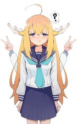 absurdres ahoge antlers aqua_neckerchief blonde_hair blue_neckerchief blue_sailor_collar deer deer_antlers deer_girl highres horns kaneko_ryou koshi_torako long_hair long_sleeves multiple_girls neckerchief sailor_collar school_uniform serafuku shikanoko_noko shikanoko_nokonoko_koshitantan shirt skirt smile white_shirt