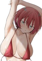 1girl amate_yuzuriha aqua_eyes areola_slip arm_up armpits bikini blush breasts closed_mouth gundam gundam_gquuuuuux highres kitaku_(nakamachi_machi) large_breasts looking_at_viewer red_bikini short_hair simple_background solo sweat swimsuit upper_body white_background