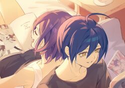 2boys ahoge alternate_costume back-to-back black_hair black_shorts book brown_shirt danganronpa_(series) danganronpa_v3:_killing_harmony ewa_(seraphhuiyu) grin male_focus multiple_boys oma_kokichi open_book reading saihara_shuichi shirt short_hair shorts smiel smile teeth white_shirt