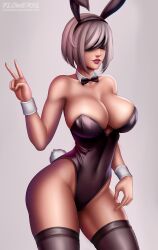 1girl 2b_(nier:automata) abstract_background absurdres bow bowtie breasts cleavage feet flowerxl grey_background high_heels highres large_breasts leotard nier nier:automata nier_(series) playboy_bunny pose_imitation purple_lips rabbit_ears simple_background solo thick_thighs thighhighs thighs underboob upper_body v