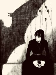 1girl belt black_dress black_hair blood blood_on_wall blunt_bangs cross cross_necklace dress greyscale highres hime_cut jewelry long_hair monochrome necklace original shadow sitting solo tp_p_pt