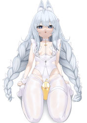 +_+ 1girl absurdres ahoge animal_ears azur_lane between_thighs bird blue_eyes braid breasts breasts_apart chick choker covered_navel double_bun dress full_body hair_between_eyes hair_bun highleg highleg_leotard highres le_malin_(azur_lane) le_malin_(listless_lapin)_(azur_lane) leotard long_hair looking_down low_twin_braids mint_cat_(a_huu) official_alternate_costume open_mouth see-through_clothes seiza silver_hair simple_background sitting small_breasts symbol-shaped_pupils thigh_strap thighhighs tutu twin_braids very_long_hair white_background white_dress white_leotard white_thighhighs