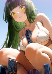 1girl absurdres between_breasts bikini blunt_bangs breasts city collarbone commentary destruction from_below giant giantess green_hair highres large_breasts long_hair original skindentation squatting swimsuit thighhighs very_long_hair welt_(kinsei_koutenkyoku) white_bikini yellow_eyes