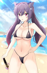 1girl absurdres animal_ears beach bikini black_bikini blue_sky breasts cleavage cloud collarbone commentary_request cowboy_shot day genshin_impact halterneck hand_on_own_hip highleg highleg_bikini highres horizon keqing_(genshin_impact) large_breasts long_hair looking_at_viewer micro_bikini navel ocean open_mouth outdoors paid_reward_available purple_hair r_orihaverp sand sky solo standing string_bikini swimsuit sword twintails water watermark weapon wet