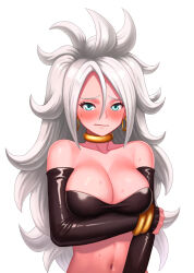 1girl android_21 bandeau bare_shoulders black_bandeau black_gloves black_tube_top blush bracelet breasts choker cleavage colored_skin detached_sleeves dragon_ball dragon_ball_fighterz earrings elbow_gloves embarrassed female_focus gloves gold_bracelet gold_choker gold_earrings hair_between_eyes highres hoop_earrings jewelry large_breasts light_persona long_hair looking_at_viewer majin_android_21 navel pink_skin simple_background solo spiked_hair strapless sweatdrop tube_top upper_body very_long_hair wavy_mouth white_background white_hair yellow_choker yoichiro_ch