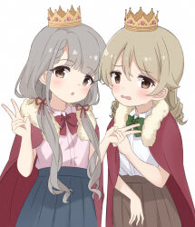 2girls :o blue_skirt blush bow bowtie braid braided_bangs brown_eyes brown_hair brown_skirt cape child choppy_bangs collared_shirt cowboy_shot crown double-parted_bangs double_v drill_hair embarrassed fur-trimmed_cape fur_trim green_bow green_bowtie grey_hair hair_between_eyes hair_ribbon hand_up hands_up highres hisakawa_nagi idolmaster idolmaster_cinderella_girls kouyatsutou long_hair looking_at_viewer low_twintails morikubo_nono multiple_girls open_mouth parted_lips pleated_skirt red_bow red_bowtie red_cape red_ribbon ribbon shirt short_sleeves simple_background skirt standing twin_drills twintails v very_long_hair wavy_hair wavy_mouth white_background
