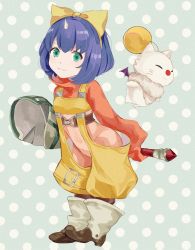 1girl blue_hair bodysuit bow closed_mouth eiko_carol final_fantasy final_fantasy_ix green_eyes hair_bow highres horns looking_at_viewer moogle short_hair single_horn smile yawai_tofu yellow_bow