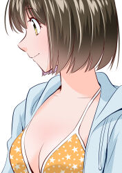 Rule 34 | 1girl, bikini, breasts, brown hair, cleavage, collarbone, highres, looking to the side, open clothes, open shirt, orange bikini, original, profile, shirt, short hair, simple background, solo, star (symbol), star print, star print bikini, swimsuit, upper body, white background, white shirt, yamanaka kouji (yanchiki2001)