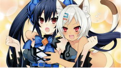 2girls absurdres animal_ear_fluff animal_ears bare_shoulders black_hair blush breasts brown_hair cat_ears cat_girl cat_tail chou_megami_shinkou_noire_gekishin_black_heart dark-skinned_female dark_skin game_cg garter_straps groping hair_ornament highres long_hair manamitsu medium_breasts moruu multiple_girls neptune_(series) noire_(neptunia) official_art open_mouth red_eyes ribbon short_hair smile tail topless_female twintails v-shaped_eyebrows white_hair