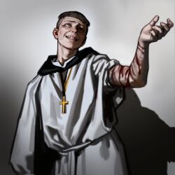 1boy arm_up artist_name blood blood_drip blood_on_arm brown_hair cross cross_necklace crying crying_with_eyes_open dated grey_eyes hand_up highres hood hood_down hooded_robe jewelry long_sleeves looking_up male_focus monk necklace open_mouth original robe self-flagellation self-harm short_hair signature sleeves_rolled_up solo streaming_tears tears vankraut white_robe