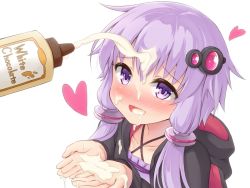 1girl blush chocolate collarbone cupping_hands female_focus hair_ornament heart hood hoodie long_sleeves low_twintails musouzuki open_mouth own_hands_together phallic_symbol purple_eyes purple_hair sexually_suggestive smile solo suggestive_fluid twintails upper_body vocaloid voiceroid white_chocolate white_day yuzuki_yukari