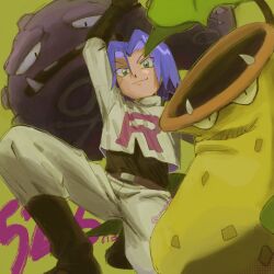 1boy arm_up black_boots black_gloves boots commentary_request crop_top gen_1_pokemon gloves green_background green_eyes highres james_(pokemon) looking_at_viewer male_focus nintendo pants pokemon pokemon_(creature) purple_hair short_hair smile umebosibakari2 victreebel weezing white_pants