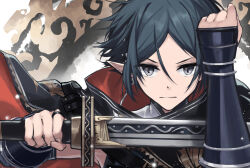 1boy arknights arm_up armor black_cape black_eyes black_hair cape chinese_commentary clenched_hand closed_mouth commentary earrings hair_between_eyes highres holding holding_sword holding_weapon jewelry light_particles male_focus parted_bangs pointy_ears red_cape ring short_hair solo sword two-sided_cape two-sided_fabric upper_body v-shaped_eyebrows vambraces weapon xia_bao_(wulalala) zuo_le_(arknights)